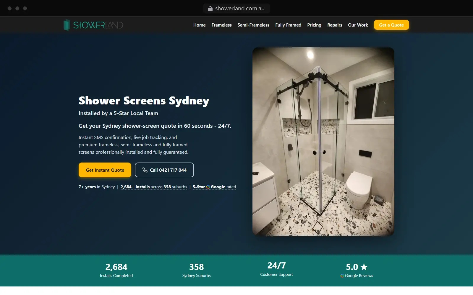Showerland website, framed browser preview